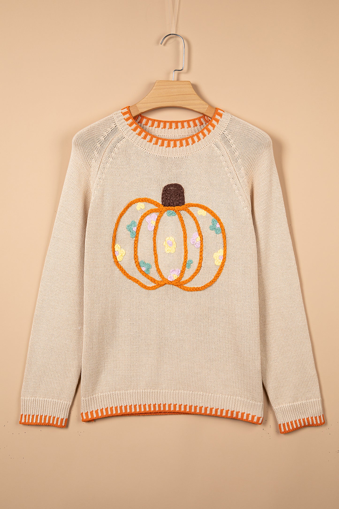 Parchment Floral Embroidery Pumpkin Long Sleeve Round Neck Sweater-Sweaters & Cardigans/Sweaters-[Adult]-[Female]-2022 Online Blue Zone Planet