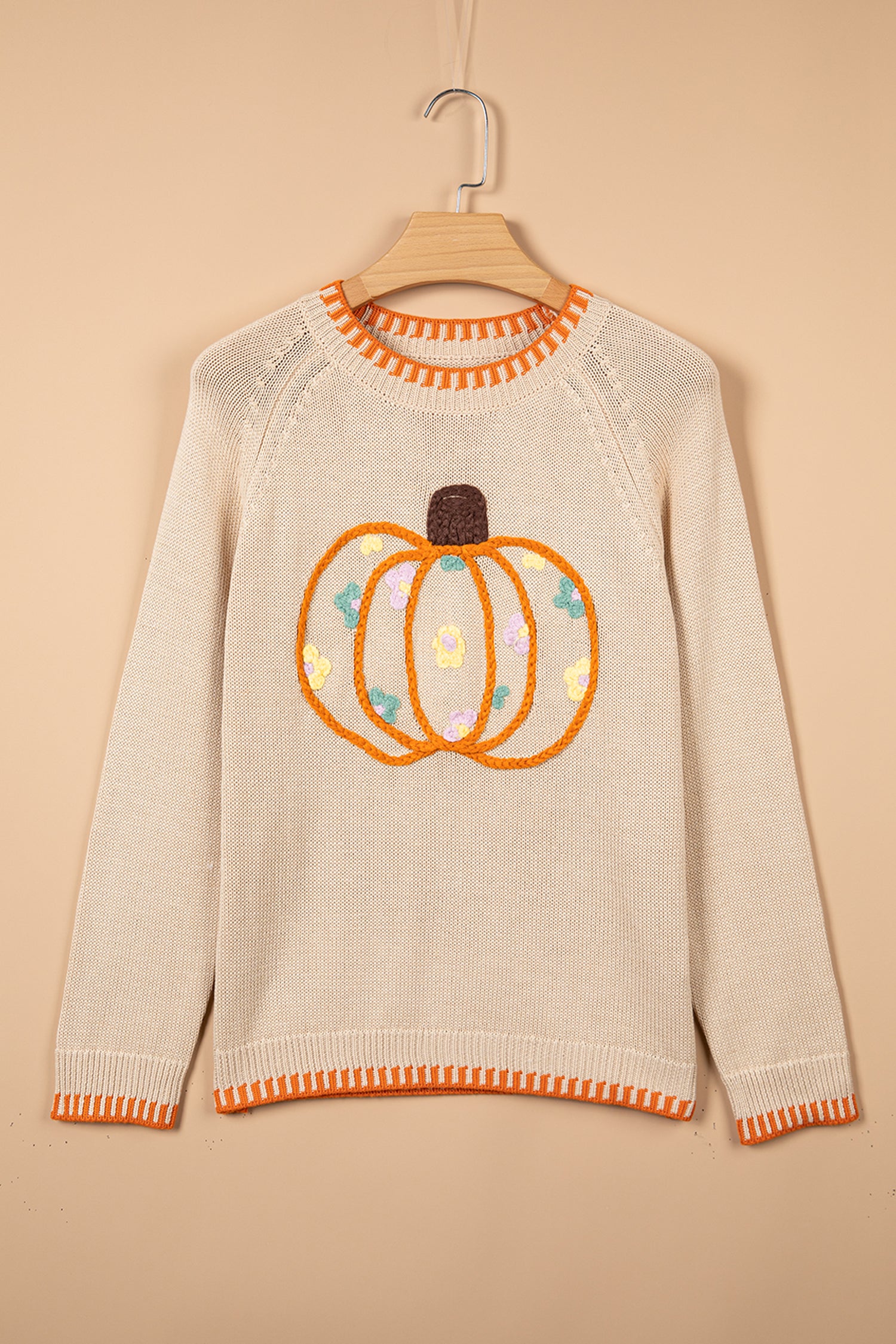 Parchment Floral Embroidery Pumpkin Long Sleeve Round Neck Sweater-Sweaters & Cardigans/Sweaters-[Adult]-[Female]-2022 Online Blue Zone Planet