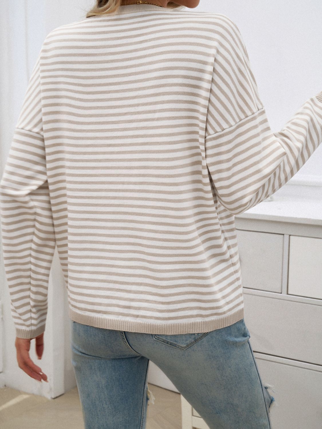 Striped Round Neck Dropped Shoulder Sweater-TOPS / DRESSES-[Adult]-[Female]-2022 Online Blue Zone Planet