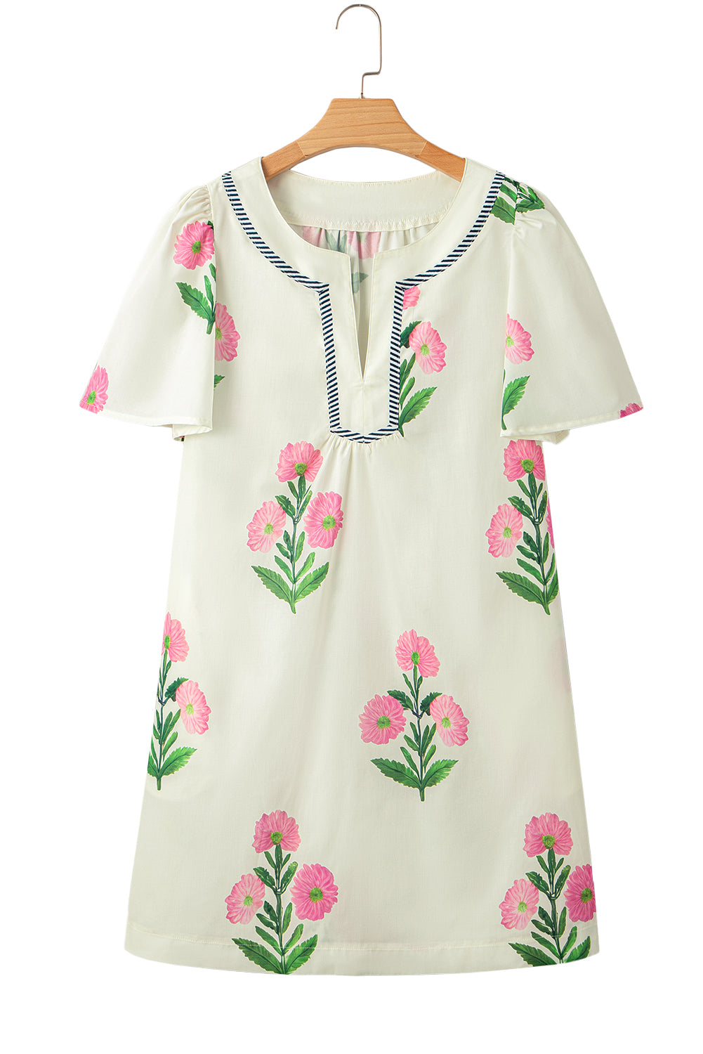 Apricot Floral Short Sleeve Split Neck Loose Mini Dress-TOPS / DRESSES-[Adult]-[Female]-2022 Online Blue Zone Planet