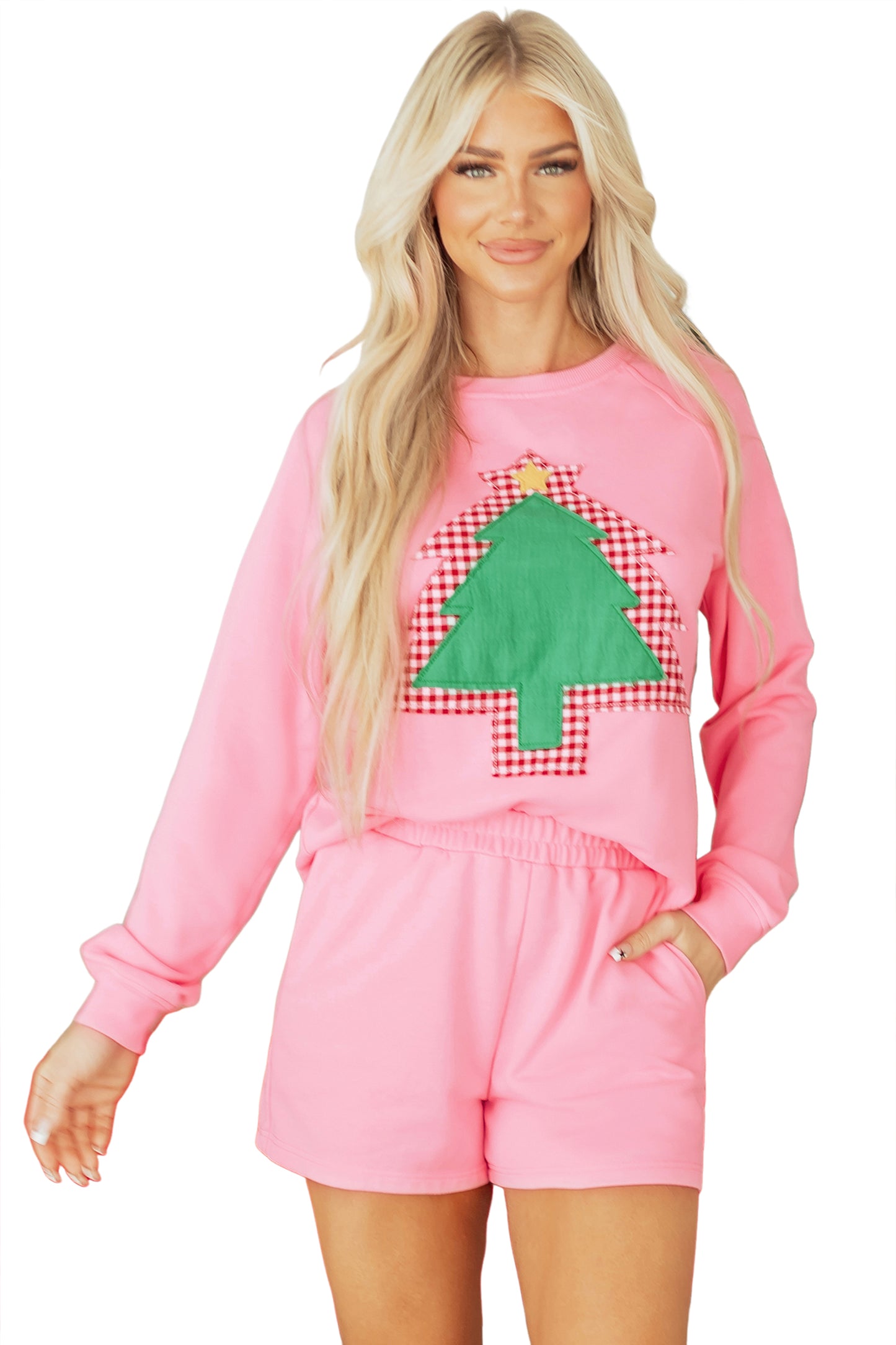 Sachet Pink Plaid Contrasted Double Christmas Tree Patched Raglan Sleeve Pullover 2pcs Short Set-Two Piece Sets/Short Sets-[Adult]-[Female]-2022 Online Blue Zone Planet