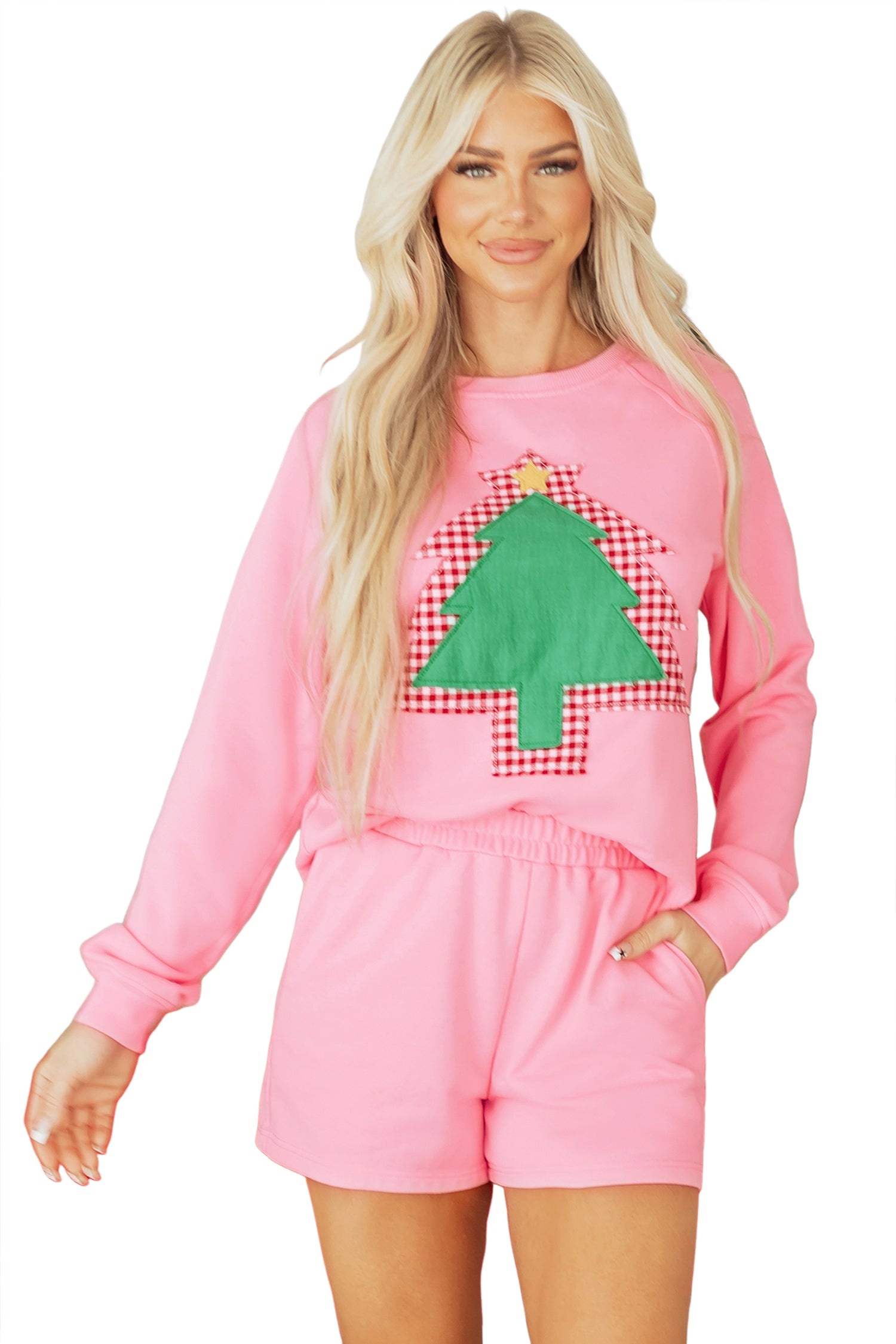 Sachet Pink Plaid Contrasted Double Christmas Tree Patched Raglan Sleeve Pullover 2pcs Short Set-Two Piece Sets/Short Sets-[Adult]-[Female]-2022 Online Blue Zone Planet