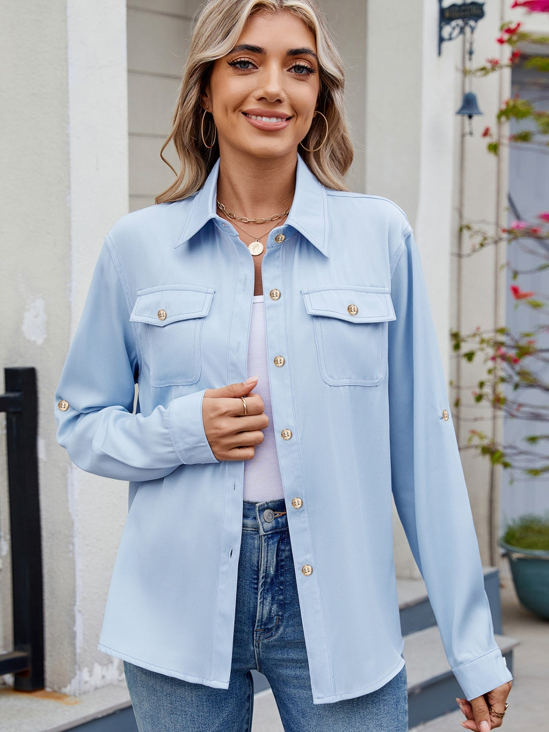 Solid Color Collared Neck Long Sleeve Shirt-TOPS / DRESSES-[Adult]-[Female]-Light Blue-S-2022 Online Blue Zone Planet