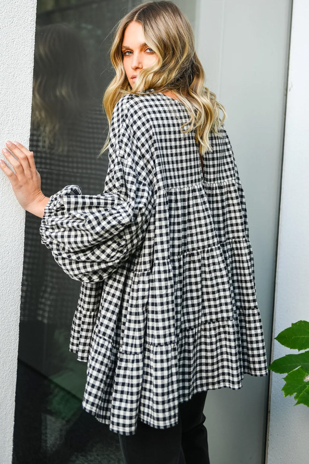 Black Checkered Puff Sleeve Tiered Loose Babydoll Blouse-Tops/Blouses & Shirts-[Adult]-[Female]-2022 Online Blue Zone Planet