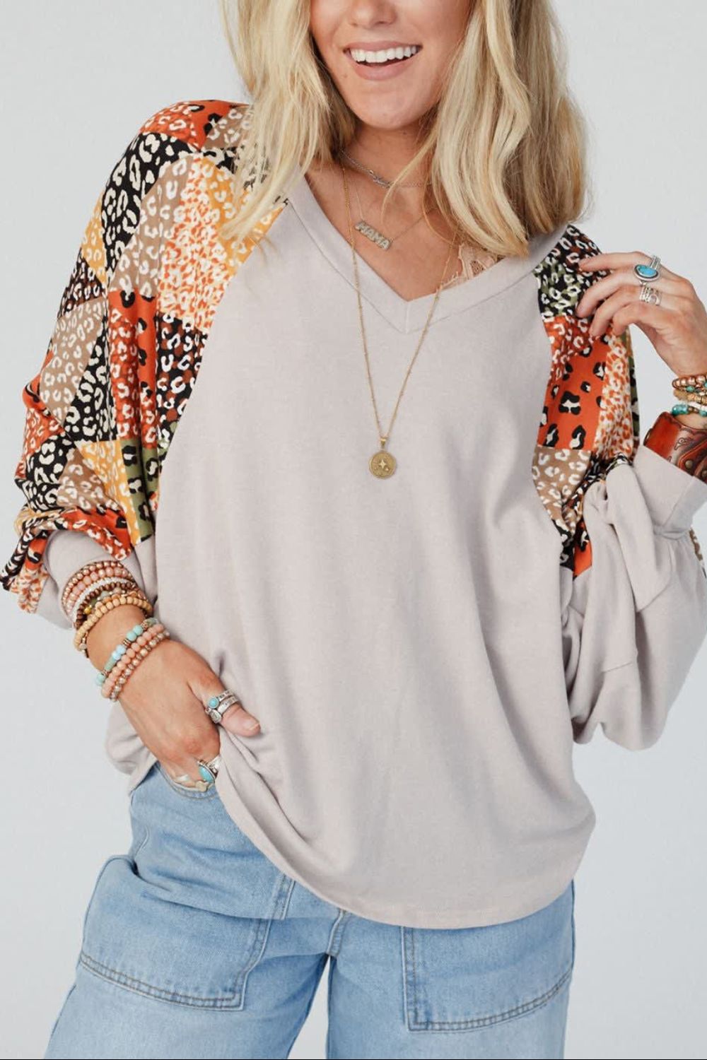 Blue Zone Planet | Leopard Contrast V-Neck Long Sleeve Blouse-TOPS / DRESSES-[Adult]-[Female]-Light Gray-S-2022 Online Blue Zone Planet