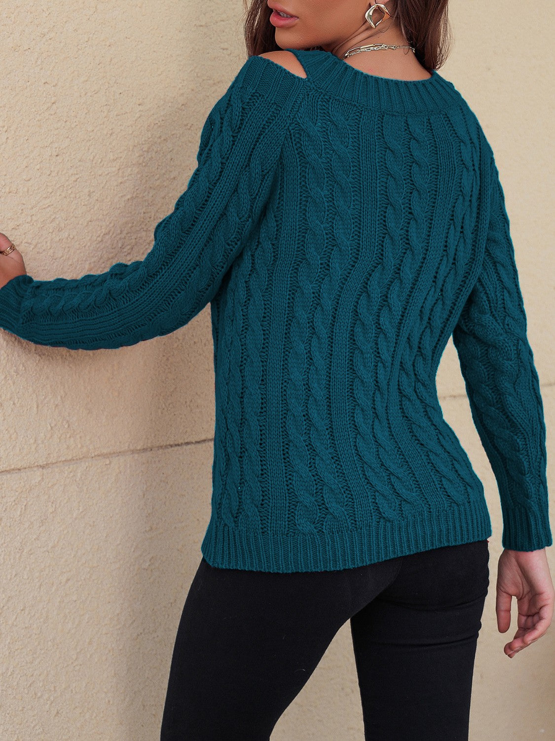 Honey Cable-Knit V-Neck Cold Shoulder Sweater-TOPS / DRESSES-[Adult]-[Female]-2022 Online Blue Zone Planet