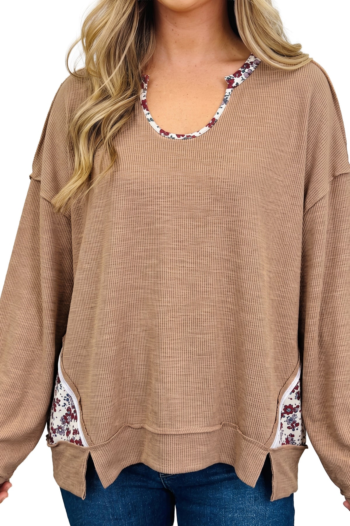 Light French Beige Floral Trim U Neck Long Sleeve Tunic Casual Pullover Top-Tops/Long Sleeve Tops-[Adult]-[Female]-2022 Online Blue Zone Planet
