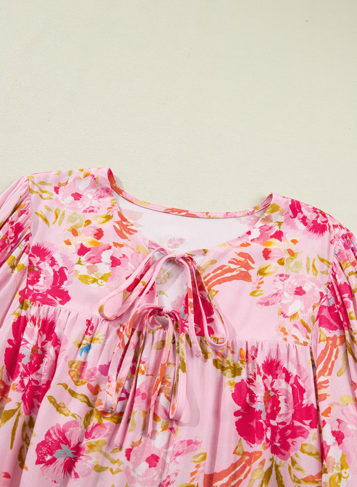 Pink Plus Size Floral Print V Neck Tie Front Short Sleeve Tunic Top-Plus Size/Plus Size Tops/Plus Size Blouses & Shirts-[Adult]-[Female]-2022 Online Blue Zone Planet