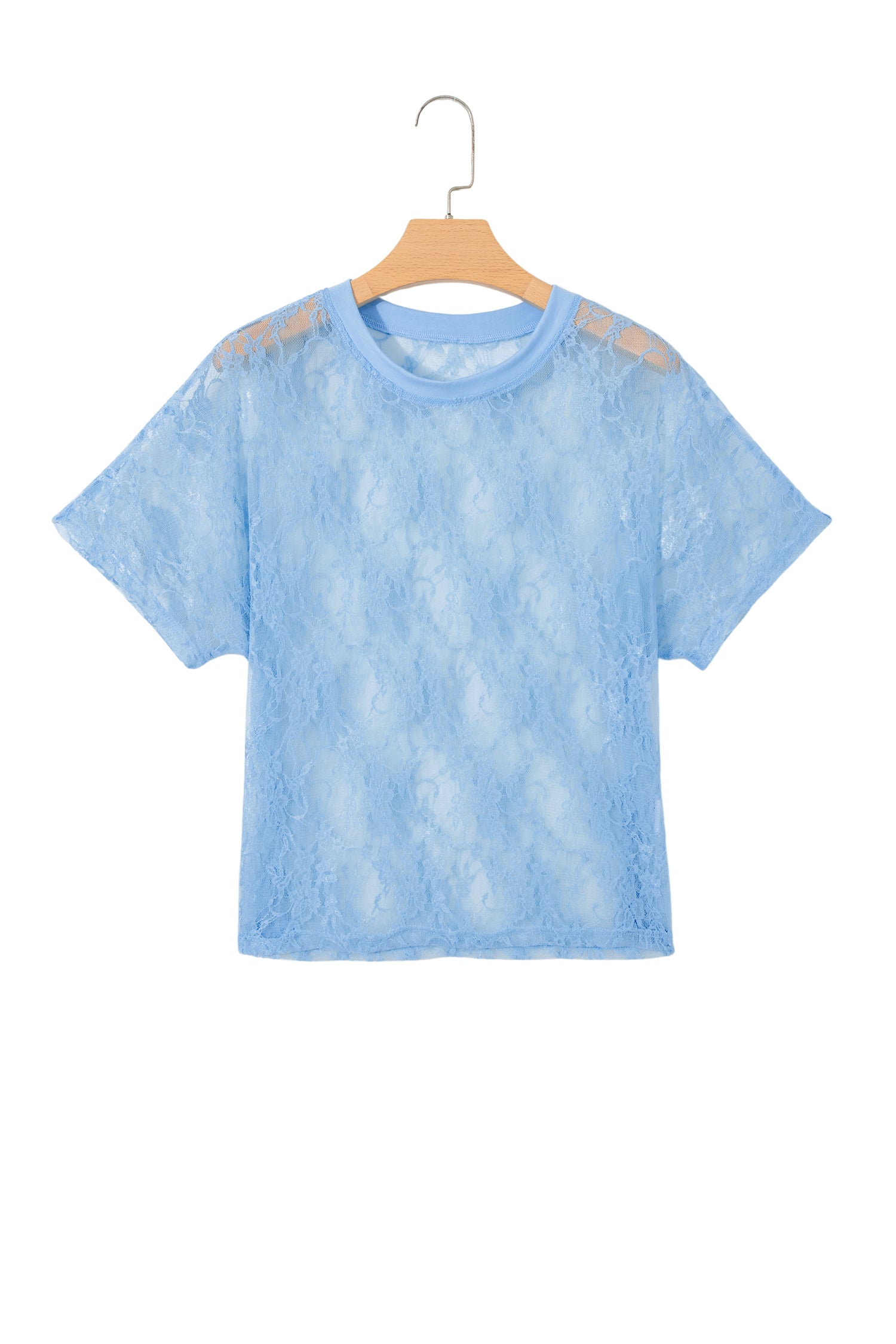 Beau Blue Sheer Floral Lace Boxy Tee-Tops/Tops & Tees-[Adult]-[Female]-2022 Online Blue Zone Planet