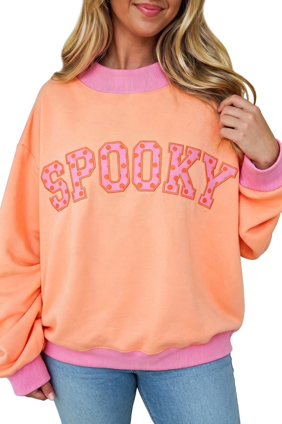 Grapefruit Orange Contrast Polka Dot Slogan Graphic Color Block Mock Neck Plus Sweatshirt-Plus Size/Plus Size Sweatshirts & Hoodies-[Adult]-[Female]-2022 Online Blue Zone Planet