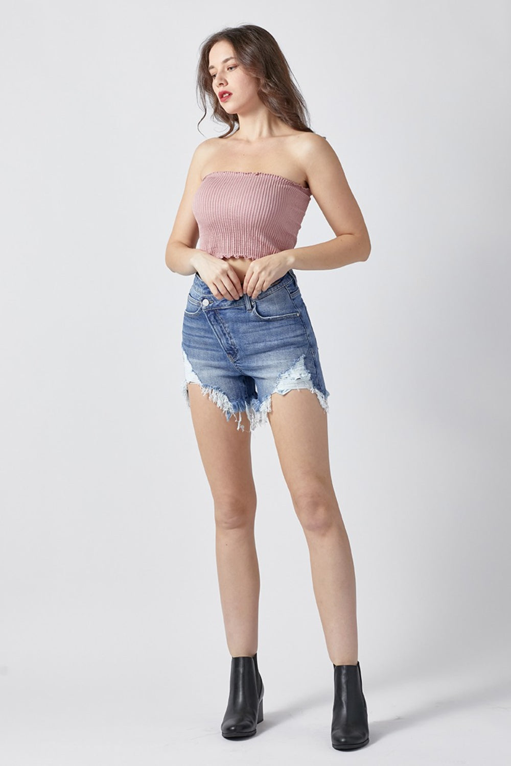 RISEN Raw Hem Asymmetrical Waist Denim Shorts-BOTTOM SIZES SMALL MEDIUM LARGE-[Adult]-[Female]-2022 Online Blue Zone Planet