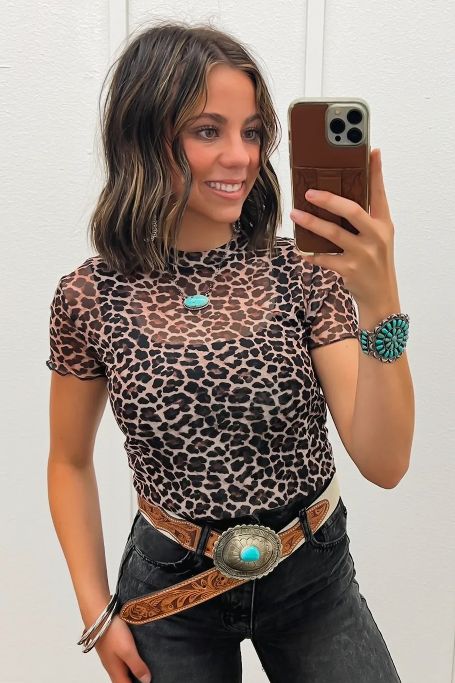 Khaki Leopard Print Sheer Mesh Short Sleeve Top-Tops/Tops & Tees-[Adult]-[Female]-2022 Online Blue Zone Planet