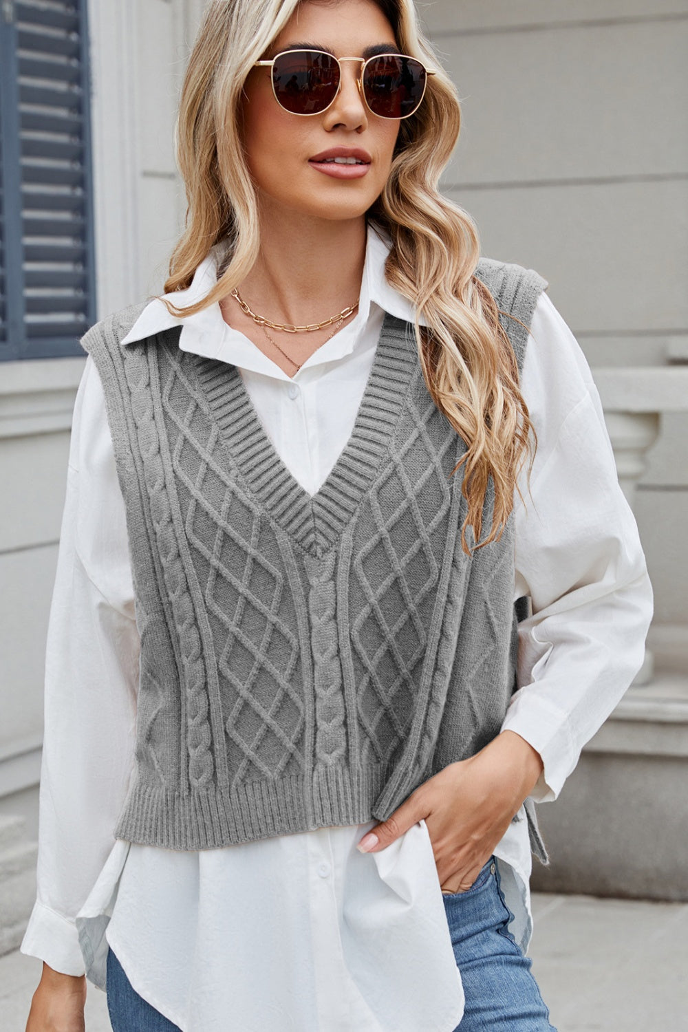 Blue Zone Planet | Cable-Knit V-Neck Sweater Vest - Blue Zone Planet Tan / XL by Blue Zone Planet Blue Zone Planet | Cable-Knit V-Neck Sweater Vest - Blue Zone Planet Tan / XL by Blue Zone Planet