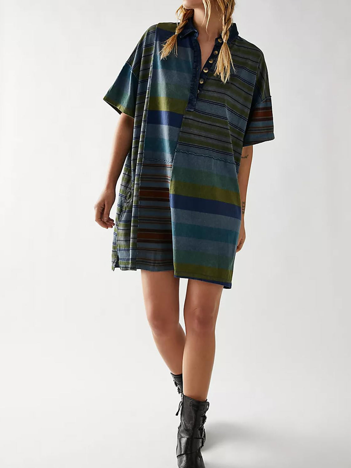 Blue Zone Planet | Exposed Seam Striped Half Sleeve Mini Dress-TOPS / DRESSES-[Adult]-[Female]-2022 Online Blue Zone Planet