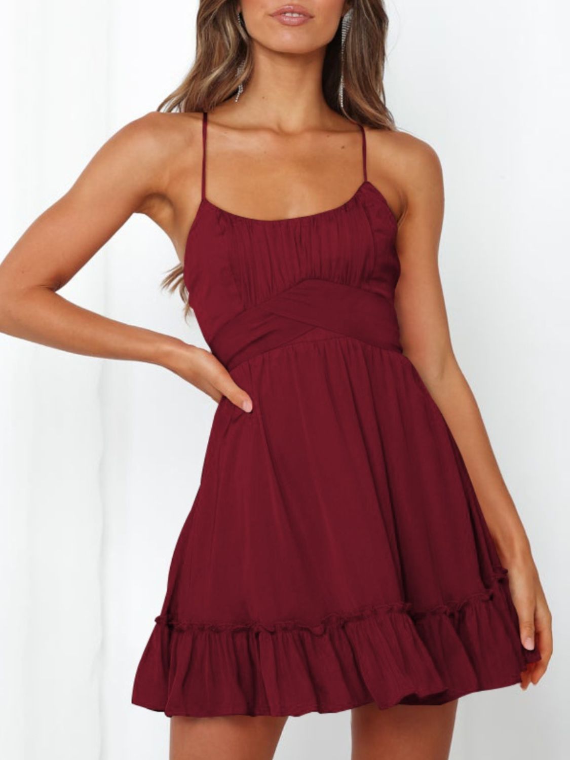 Tied Crisscross Scoop Neck Cami Dress-TOPS / DRESSES-[Adult]-[Female]-Burgundy-S-2022 Online Blue Zone Planet