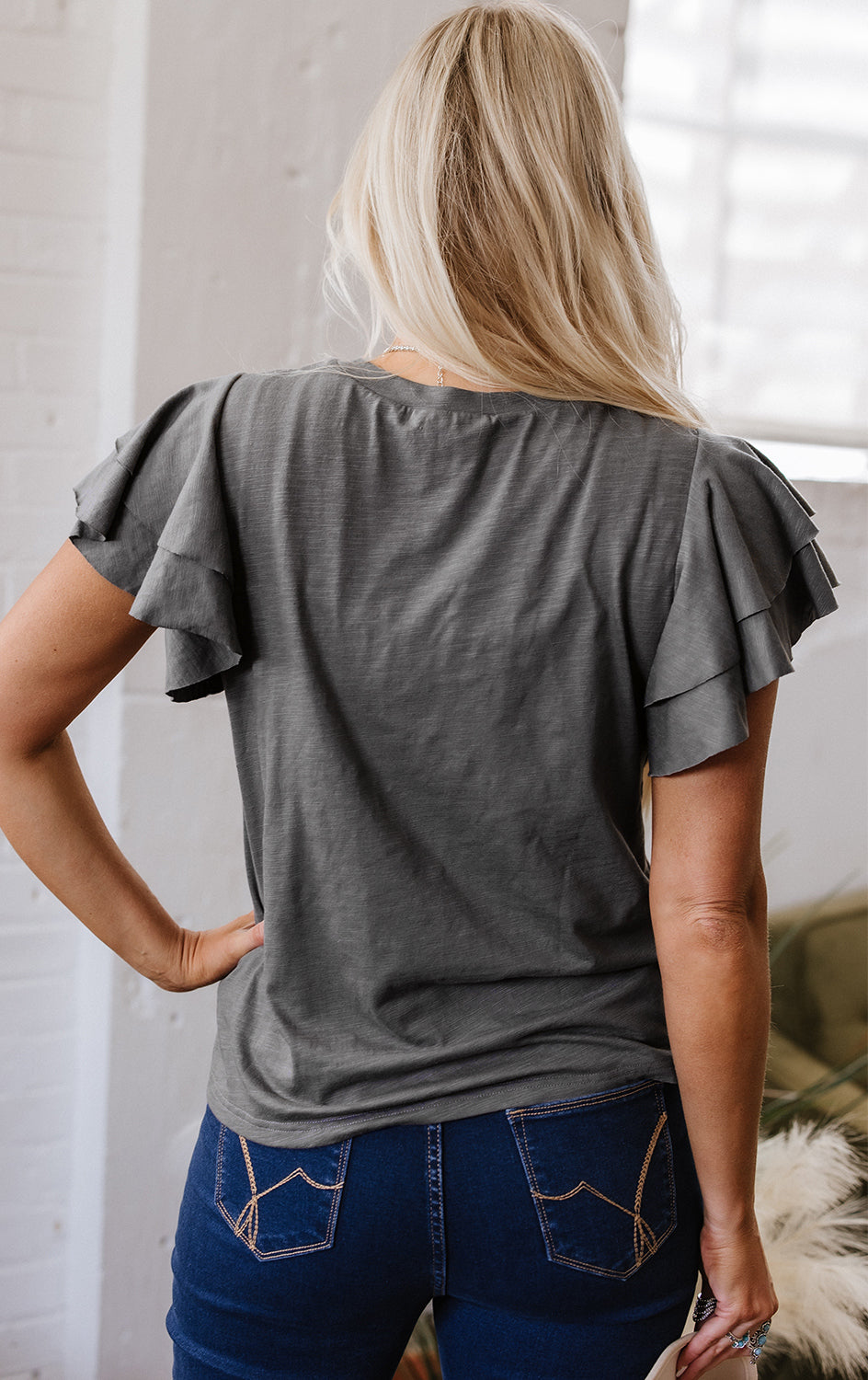 Dark Grey Layered Ruffle Short Sleeve Round Neck Top-Tops/Tops & Tees-[Adult]-[Female]-2022 Online Blue Zone Planet