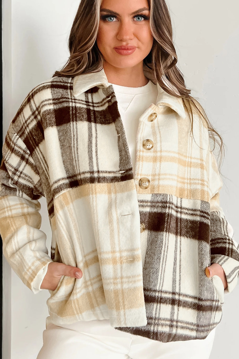 Multicolour Plaid Patchwork Side Pockets Buttoned Shacket-Outerwear/Plaid Shackets-[Adult]-[Female]-2022 Online Blue Zone Planet