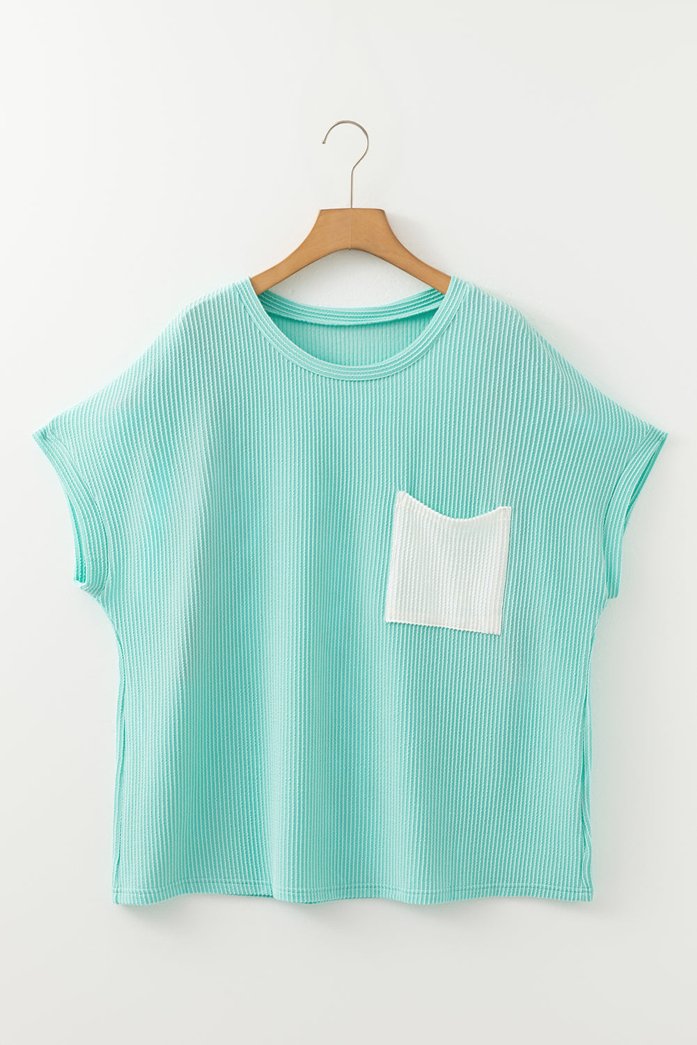 Light Blue Twisted Rib Contrast Pocket Knit Crew Neck Plus Size T Shirt-Plus Size/Plus Size Tops/Plus Size Tops & Tees-[Adult]-[Female]-2022 Online Blue Zone Planet