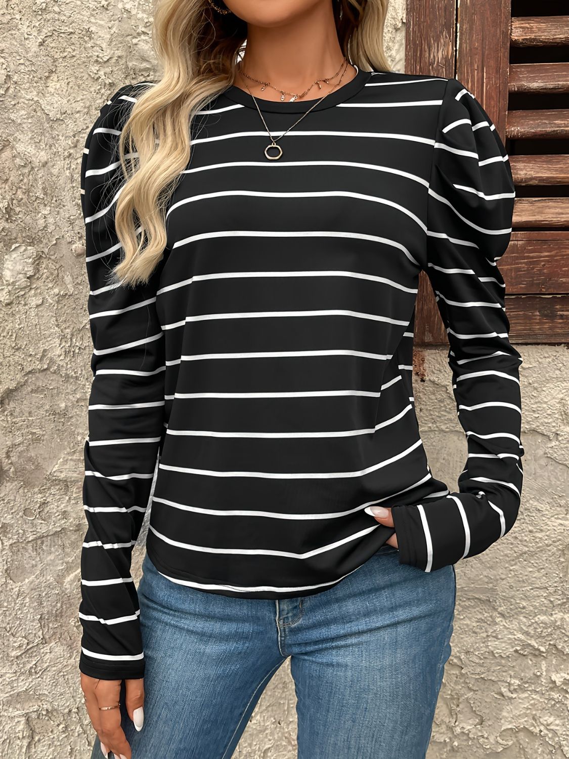 Blue Zone Planet | Full Size Striped Round Neck Puff Sleeve T-Shirt-TOPS / DRESSES-[Adult]-[Female]-2022 Online Blue Zone Planet