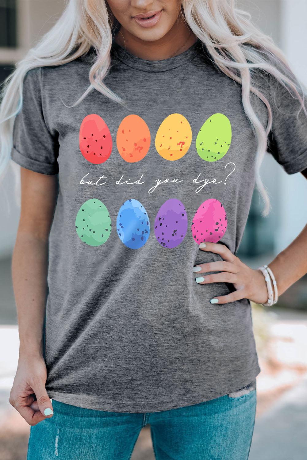 Gray Easter Eggs Print Crew Neck T Shirt-Graphic/Graphic Tees-[Adult]-[Female]-2022 Online Blue Zone Planet
