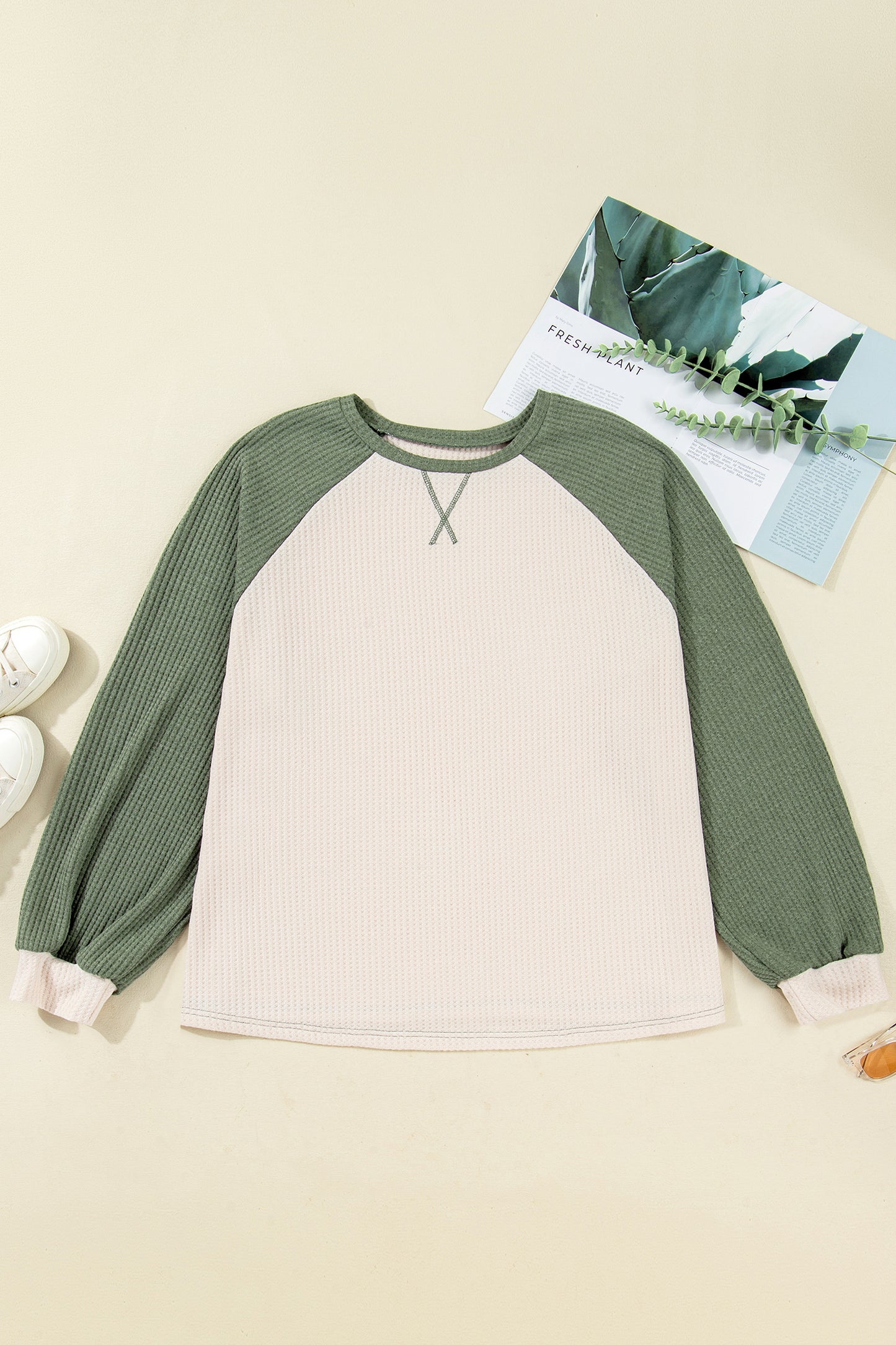 Mist Green Plus Size Waffled Color Block Long Sleeve Top-Plus Size/Plus Size Tops/Plus Size Long Sleeve Tops-[Adult]-[Female]-2022 Online Blue Zone Planet