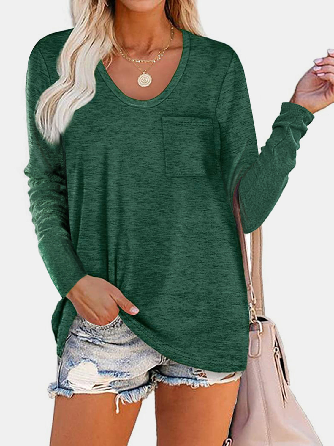 Blue Zone Planet | Round Neck Long Sleeve T-Shirt-TOPS / DRESSES-[Adult]-[Female]-Dark Green-S-2022 Online Blue Zone Planet