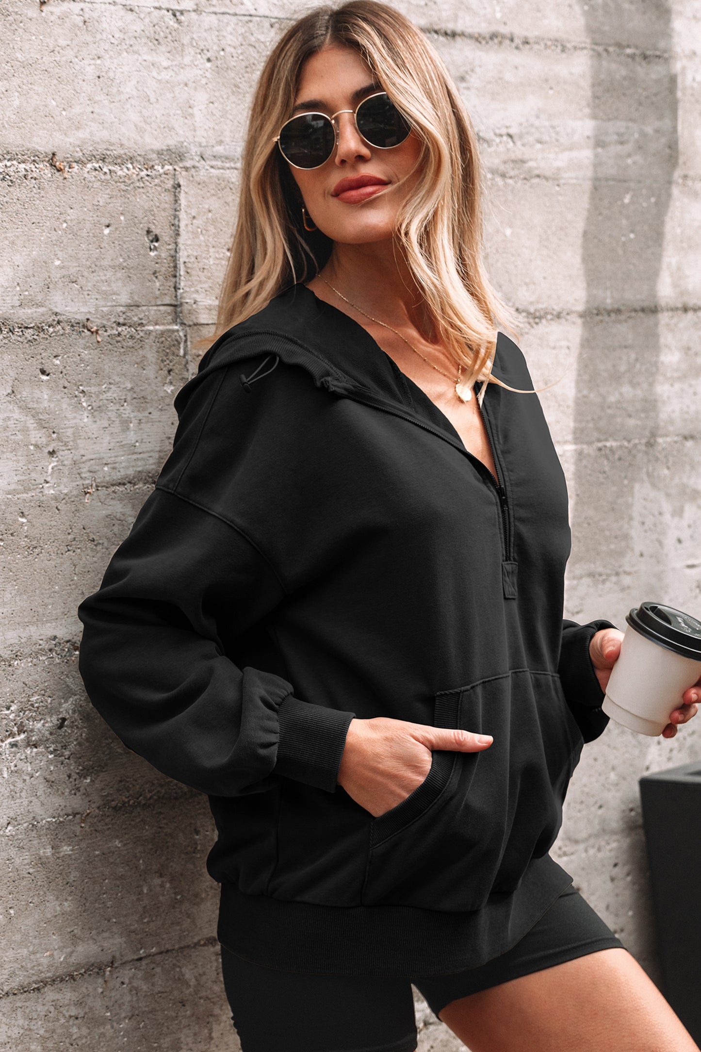 Elmwood Half Zip Kangaroo Pocket Mineral Wash Baggy Hoodie-Tops / Dresses-[Adult]-[Female]-2022 Online Blue Zone Planet