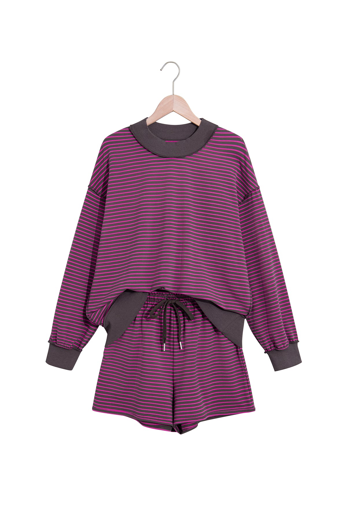 Blue Stripe Ribbed Patchwork Mock Neck Baggy Pullover Matching Shorts Set-Two Piece Sets/Short Sets-[Adult]-[Female]-2022 Online Blue Zone Planet