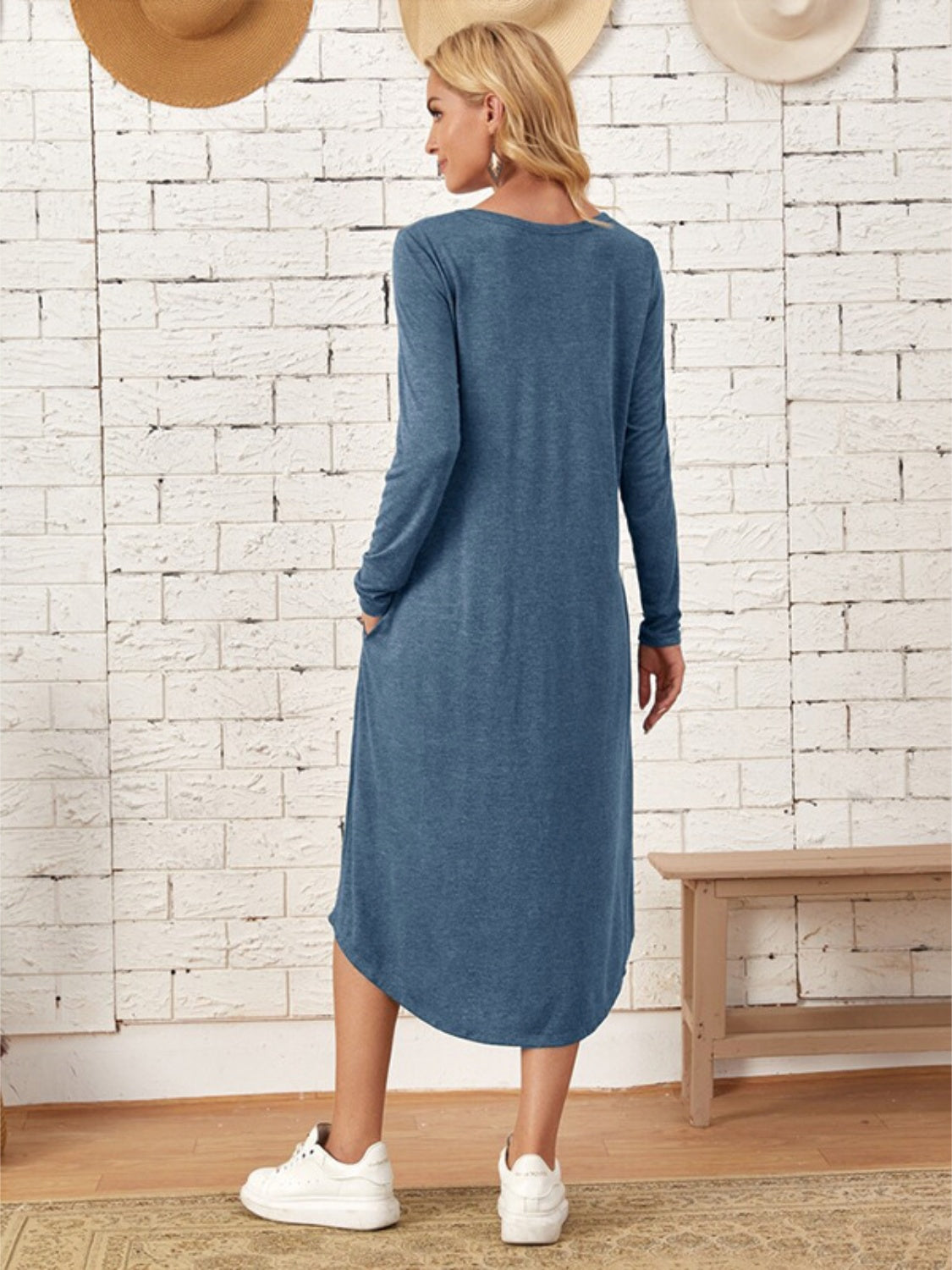 Pocketed Round Neck Long Sleeve Tee Dress-TOPS / DRESSES-[Adult]-[Female]-2022 Online Blue Zone Planet