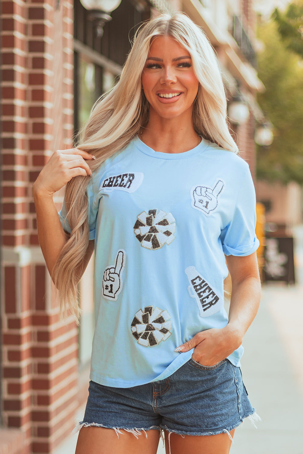 Light Blue Cheer Game Day Element Sequin Patched T Shirt-Graphic/Graphic Tees-[Adult]-[Female]-Light Blue-S-2022 Online Blue Zone Planet