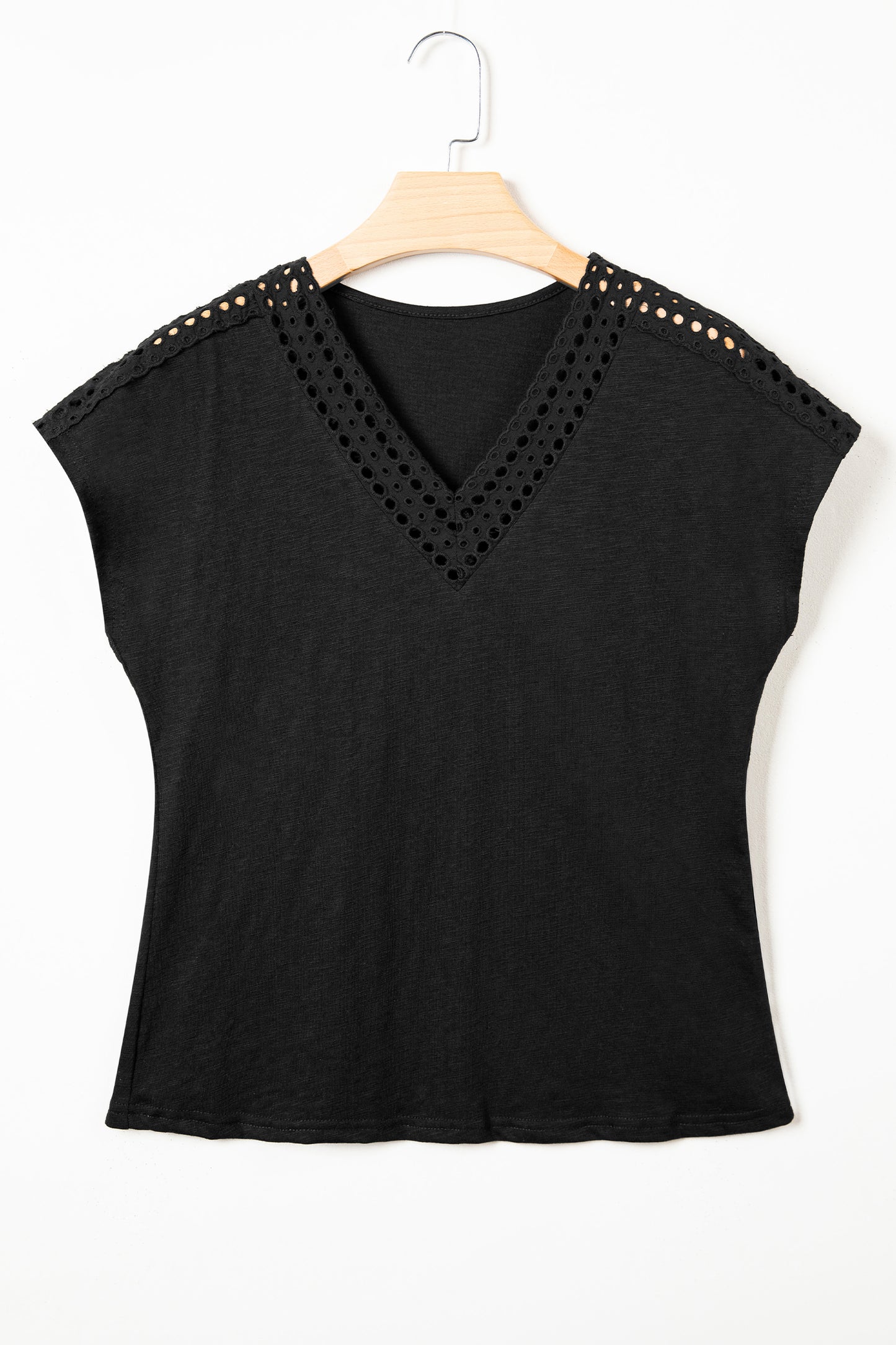 Black Cutout Embroidered Trim V Neck Cap Sleeve Tee-Tops/Tops & Tees-[Adult]-[Female]-2022 Online Blue Zone Planet