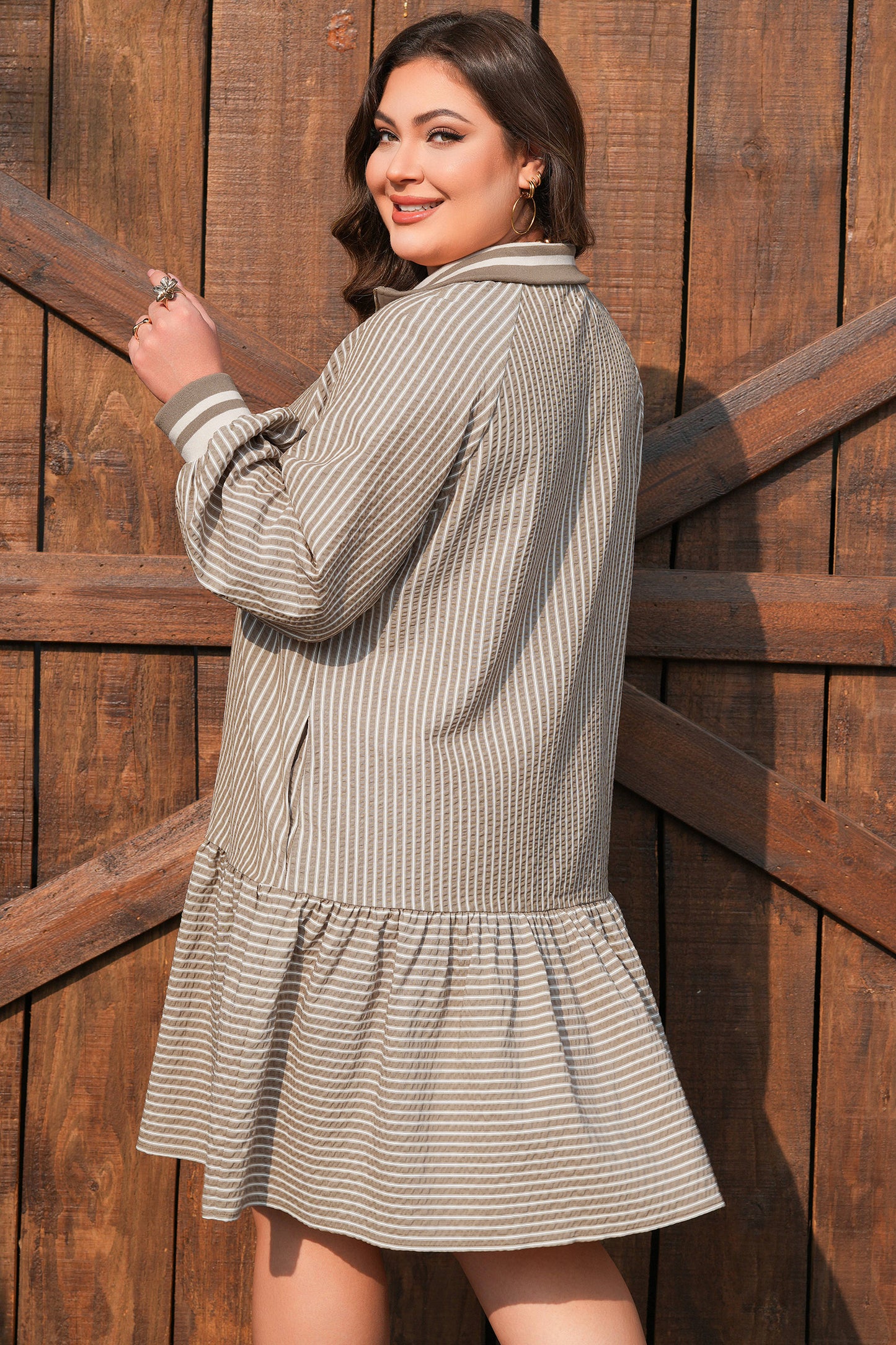 Khaki Stripe Zip up Collared Puff Sleeve Ruffled Plus Size Mini Dress-TOPS / DRESSES-[Adult]-[Female]-2022 Online Blue Zone Planet