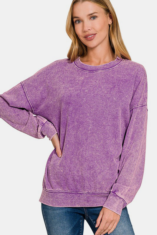 Blue Zone Planet | Zenana Washed Round Neck Dropped Shoulder Sweatshirt-TOPS / DRESSES-[Adult]-[Female]-2022 Online Blue Zone Planet