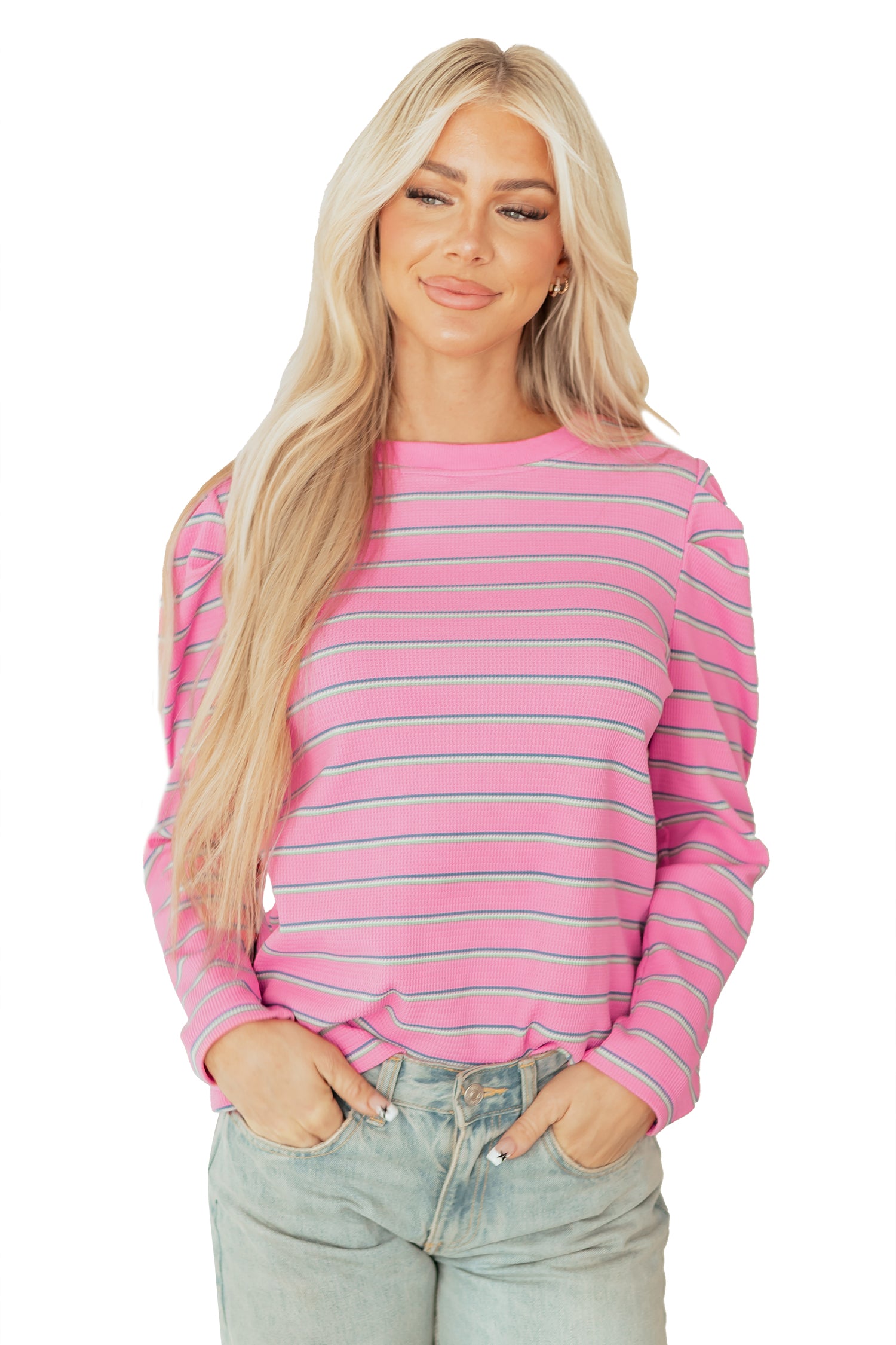 Rose Stripe Textured Knit Round Neck Long Sleeve Top-Tops/Long Sleeve Tops-[Adult]-[Female]-2022 Online Blue Zone Planet