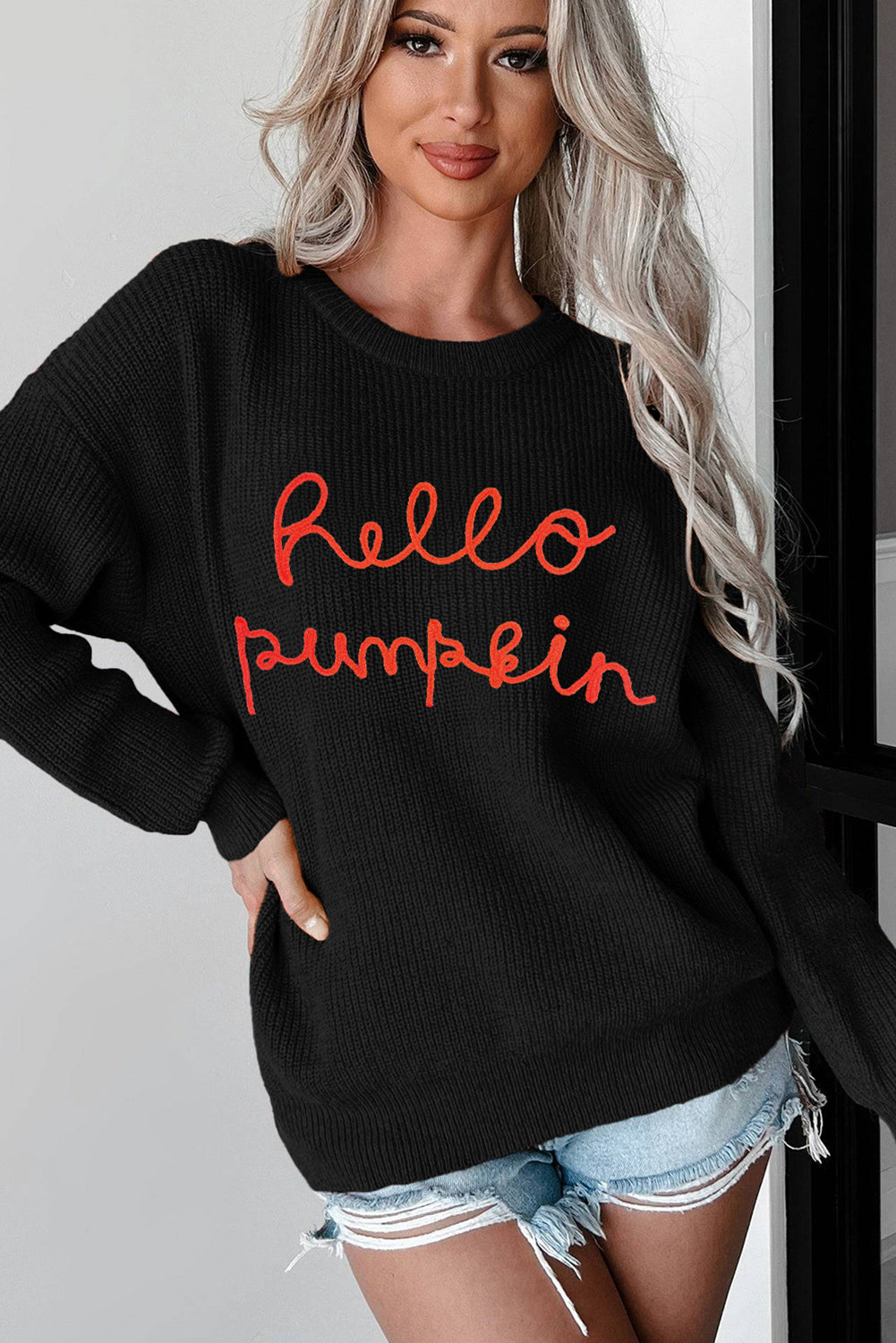 Black Hello Pumpkin Graphic Sweater-Sweaters & Cardigans/Sweaters-[Adult]-[Female]-2022 Online Blue Zone Planet