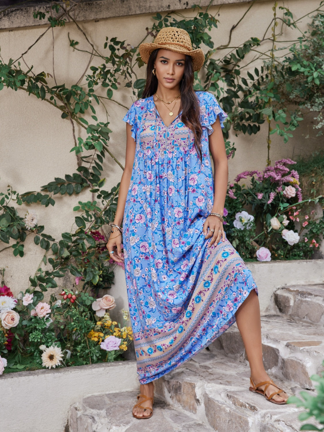 Blue Zone Planet |  Ruffled Printed Tie Neck Cap Sleeve Dress BLUE ZONE PLANET