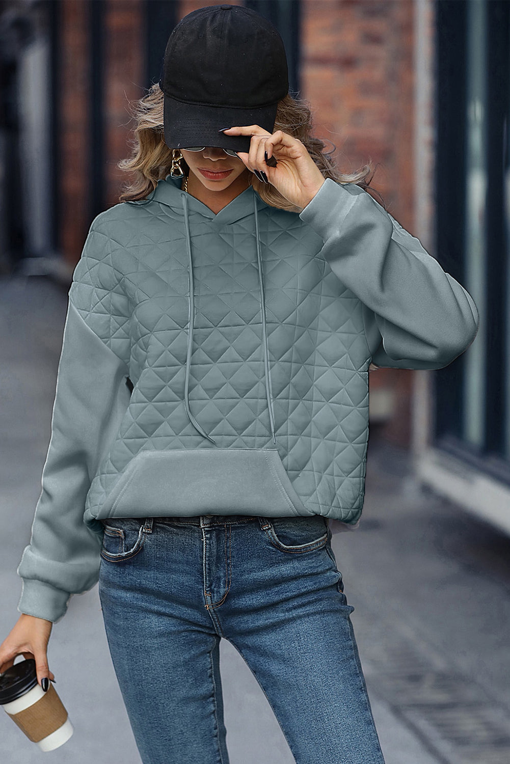 Light Grey Drop Shoulder Quilted Patchwork Kangaroo Pocket Hoodie-Tops/Sweatshirts & Hoodies-[Adult]-[Female]-2022 Online Blue Zone Planet