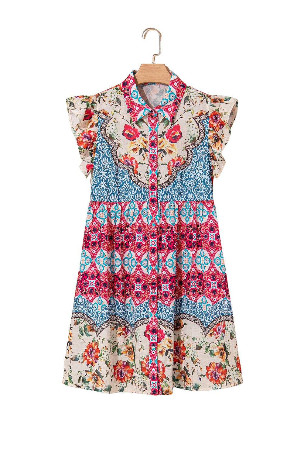 Rose Floral Mixed Pattern Ruffle Flutter Sleeve Buttoned Dress-TOPS / DRESSES-[Adult]-[Female]-2022 Online Blue Zone Planet