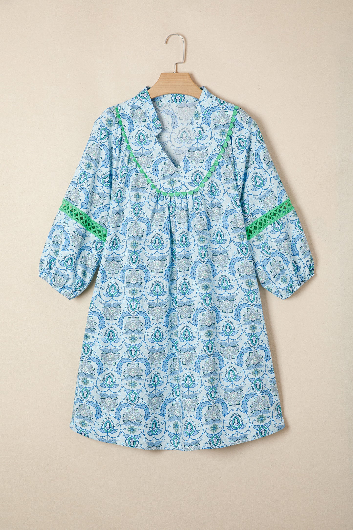 Sky Blue Boho Paisley Print Contrasted Patchwork Detail Bracelet Sleeve Loose Mini Dress