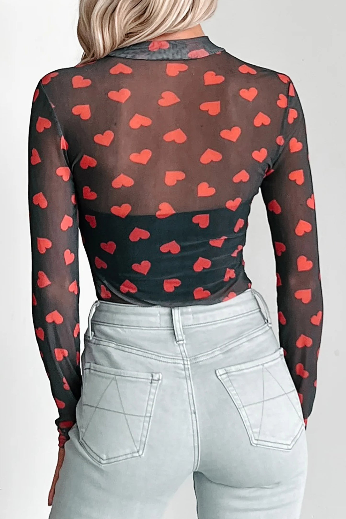 Black Valentines Heart Printed Sheer Mesh Long Sleeve Top
