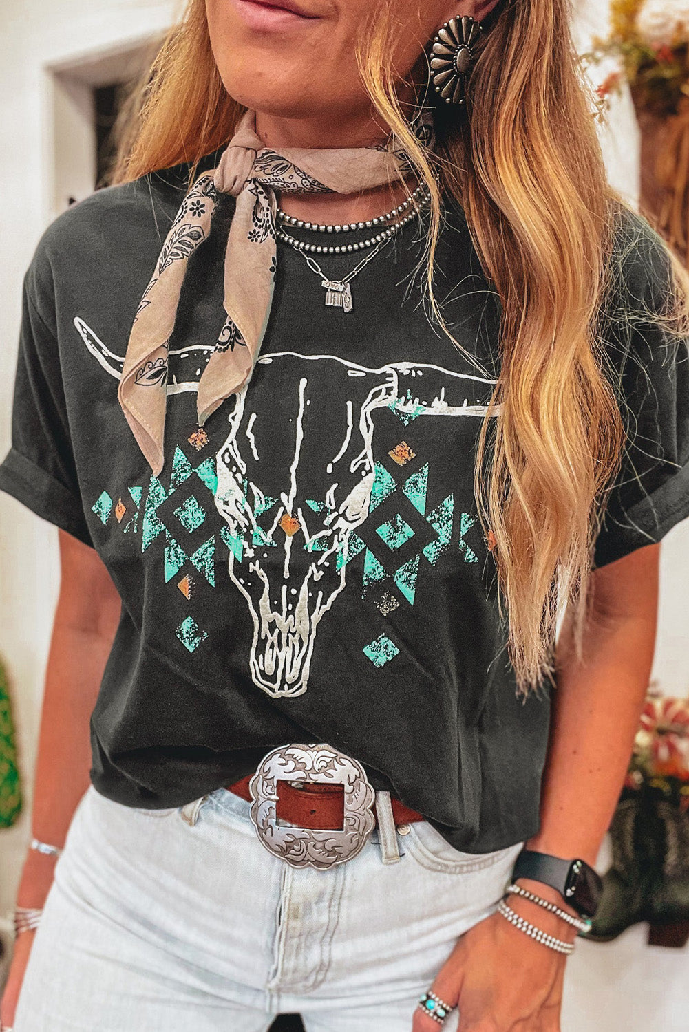 Blue Zone Planet | Carbon Grey Vintage Western Bull Head Skull Turquoise Aztec Graphic T Shirt-Tops/Tops & Tees-[Adult]-[Female]-Carbon Grey-S-2022 Online Blue Zone Planet