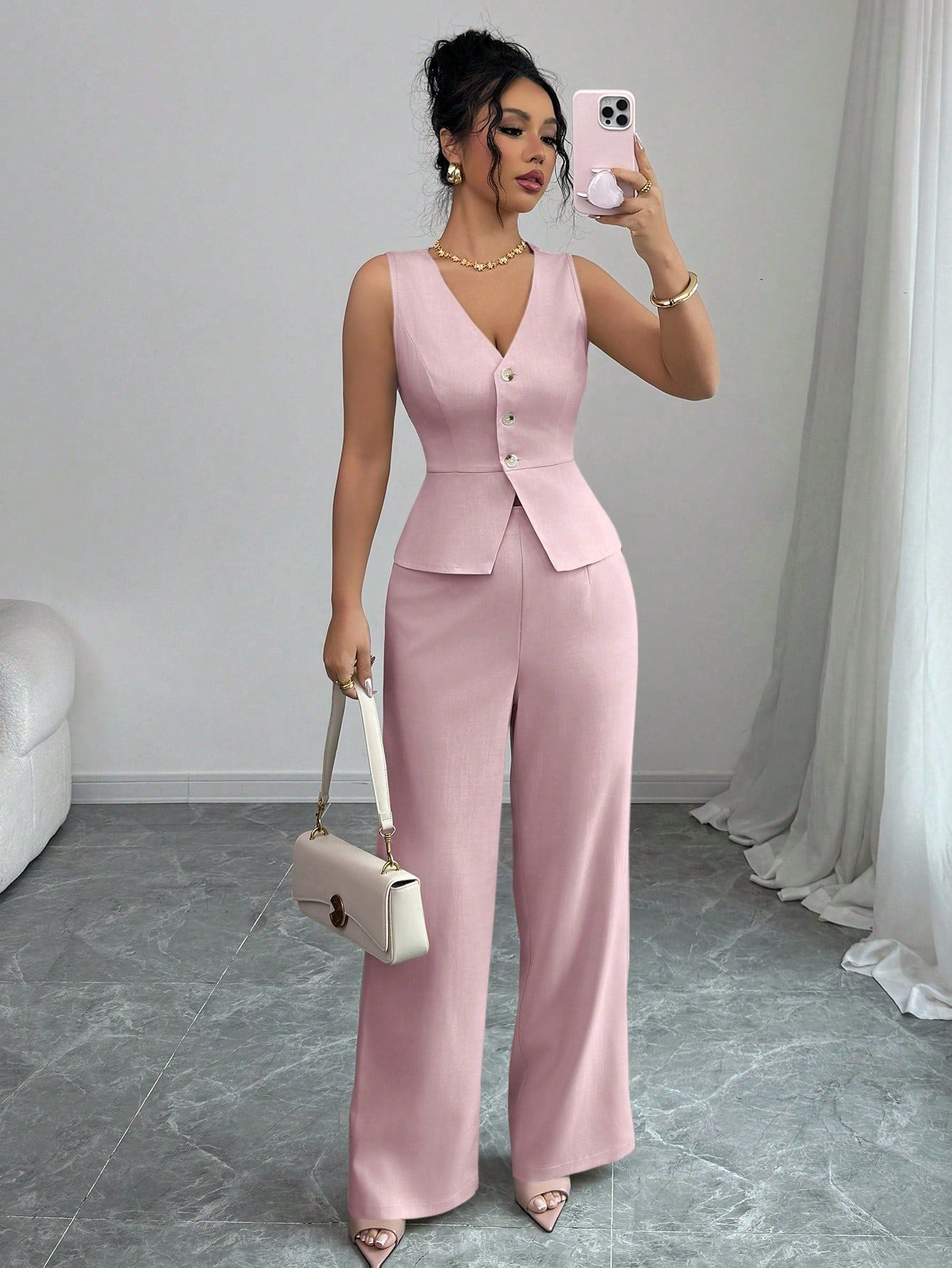 A two-piece set of solid color sleeveless slimming waistcoat and high-waisted trousers for women's clothing