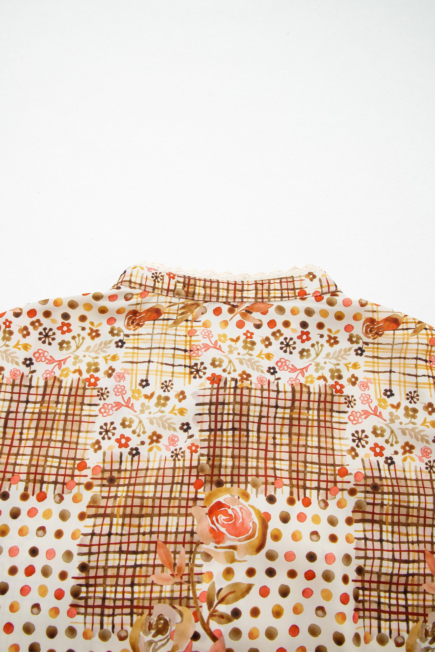 Brown Floral Lace Trim Button Down Long Sleeve Shirt-Tops/Blouses & Shirts-[Adult]-[Female]-2022 Online Blue Zone Planet