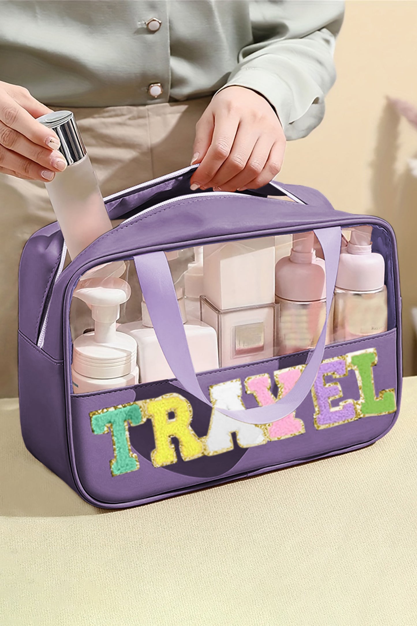 Light Pink Travel Chenille Letter Clear Pvc Makeup Bag-Shoes & Bags/Makeup Bags-[Adult]-[Female]-Pink Purple-ONE SIZE-2022 Online Blue Zone Planet