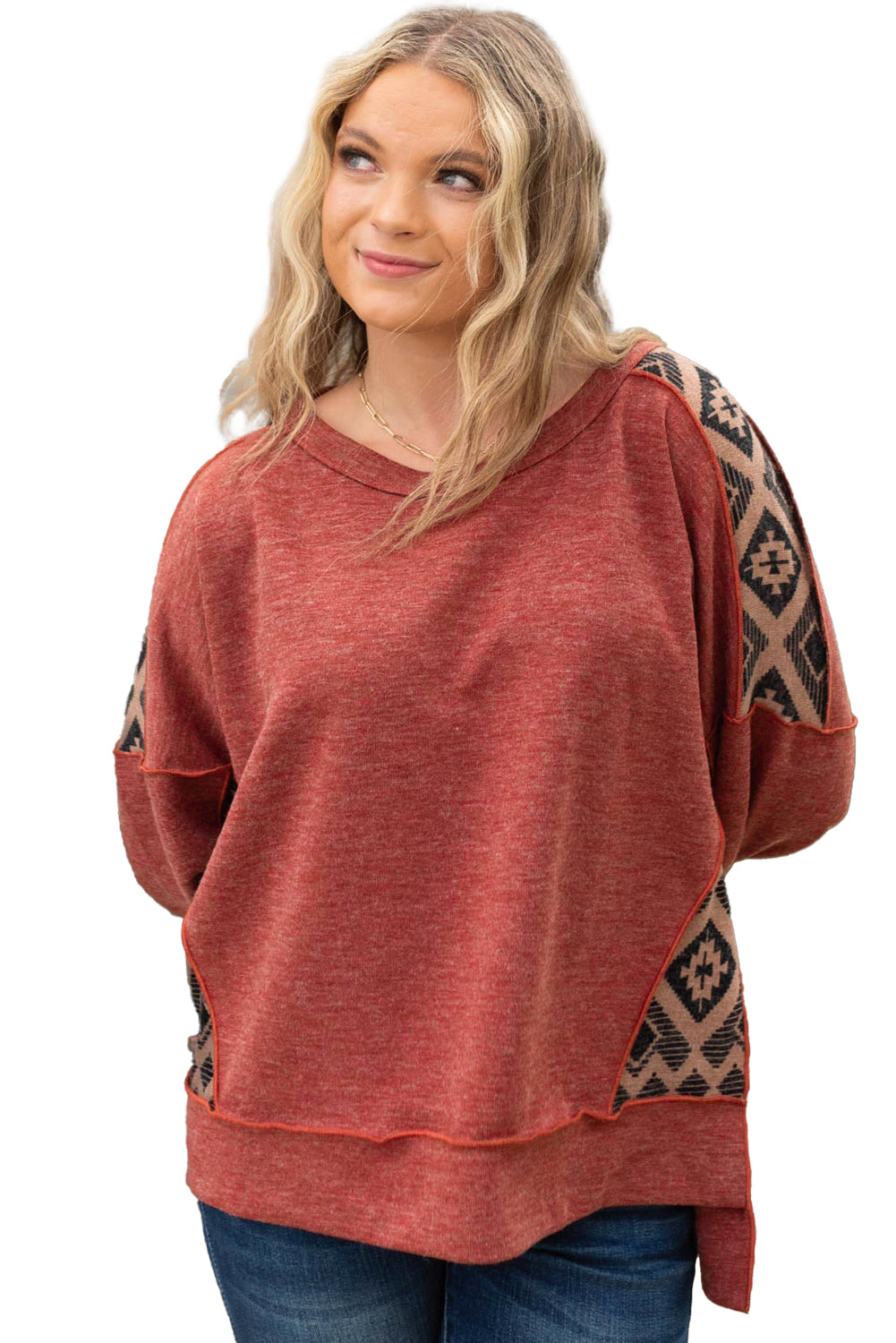 Redwood Burl Geometric Patchwork Plus Size High Low Sweatshirt-Plus Size Tops-[Adult]-[Female]-2022 Online Blue Zone Planet