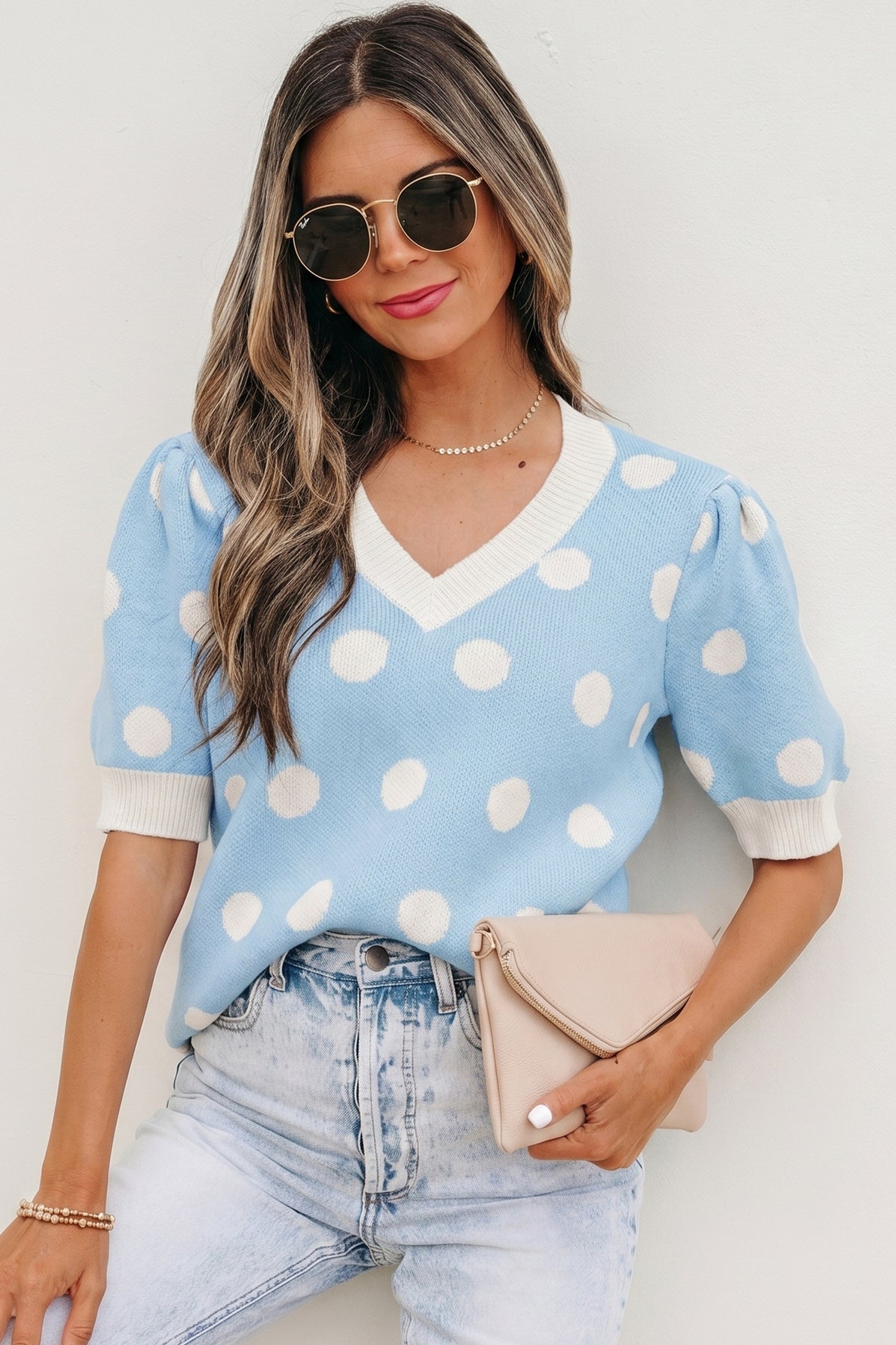 Rose Red Polka Dot Puff Short Sleeve Sweater Top-Sweaters & Cardigans/Short Sleeve Sweaters-[Adult]-[Female]-2022 Online Blue Zone Planet