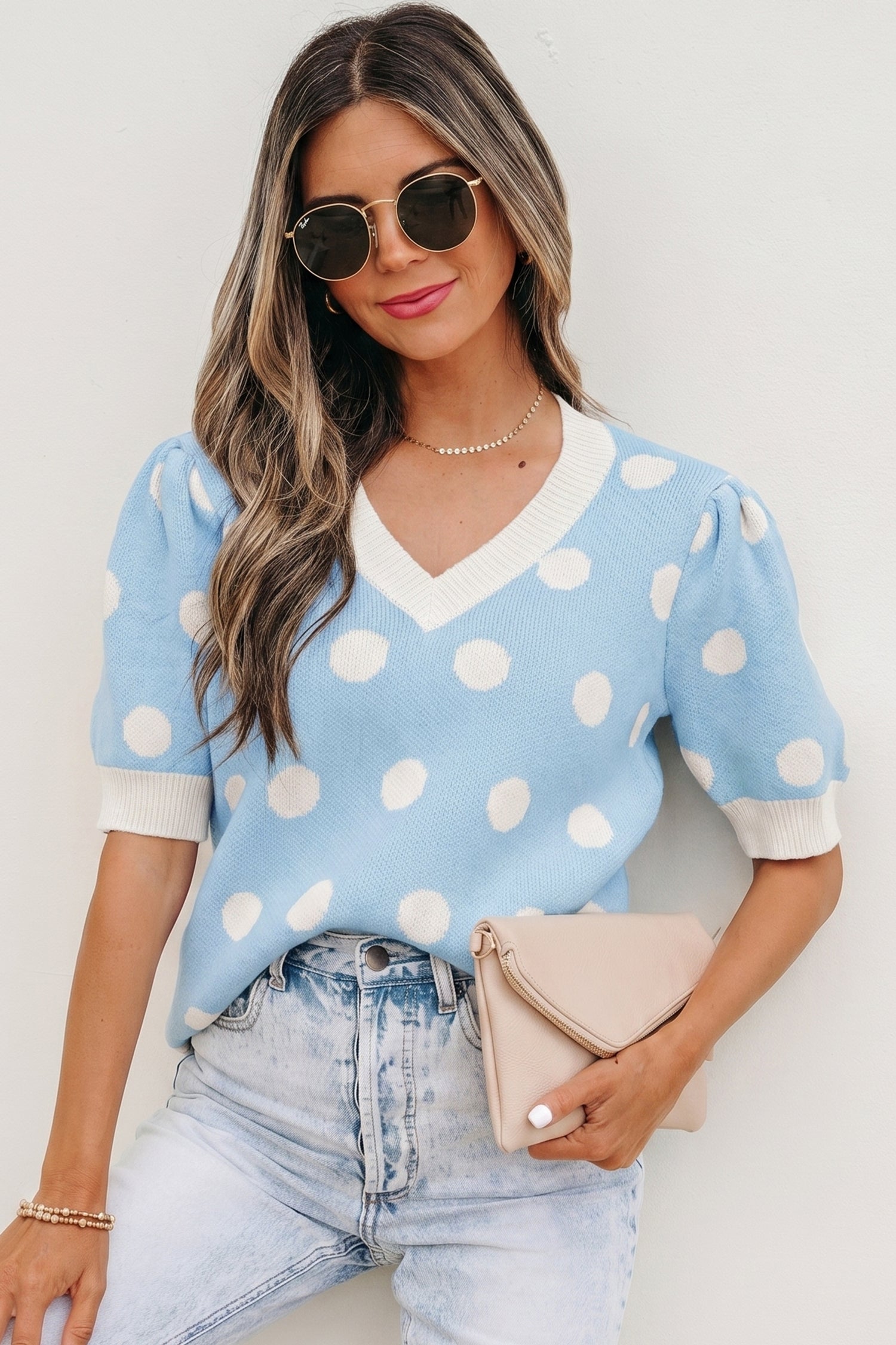 Rose Red Polka Dot Puff Short Sleeve Sweater Top-Sweaters & Cardigans/Short Sleeve Sweaters-[Adult]-[Female]-2022 Online Blue Zone Planet