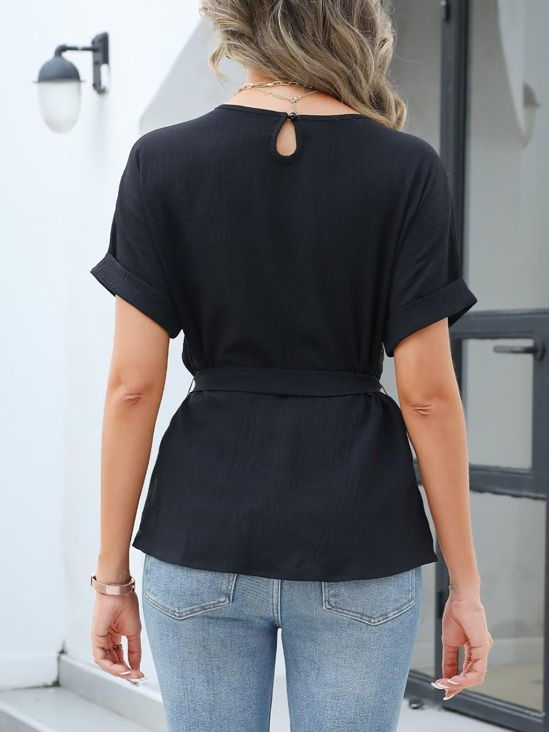 Tied Pleated Round Neck Short Sleeve Top-TOPS / DRESSES-[Adult]-[Female]-2022 Online Blue Zone Planet