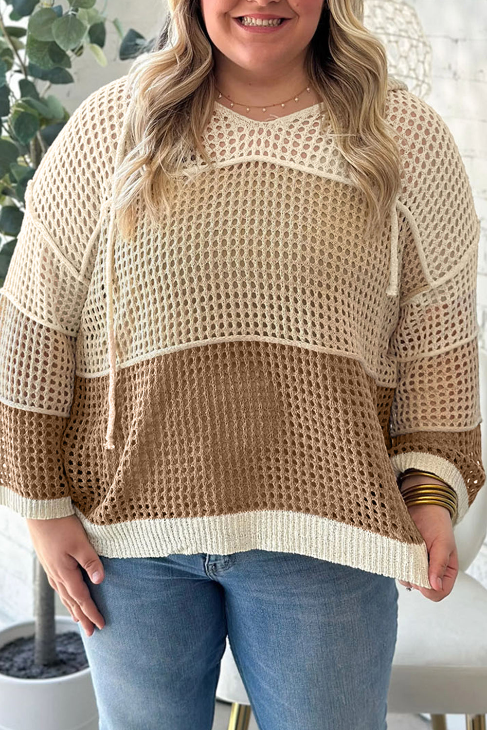 Parchment Colorblock Hollowed Knit Plus Size Hooded Jumper Sweater-TOPS / DRESSES-[Adult]-[Female]-Parchment-1X-2022 Online Blue Zone Planet