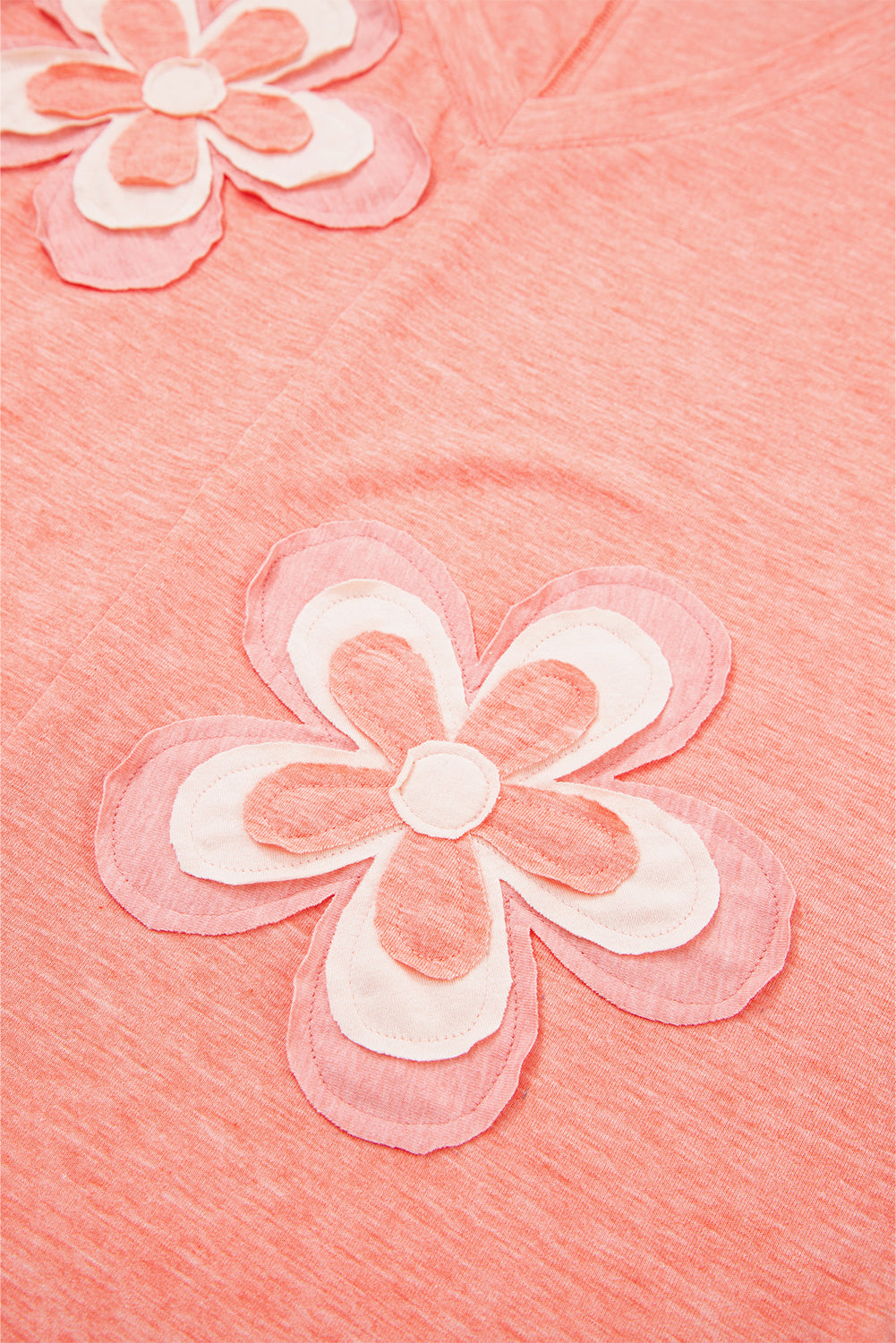 Fresh Salmon Floral Patchwork V Neck Long Sleeve T Shirt-Tops/Long Sleeve Tops-[Adult]-[Female]-2022 Online Blue Zone Planet